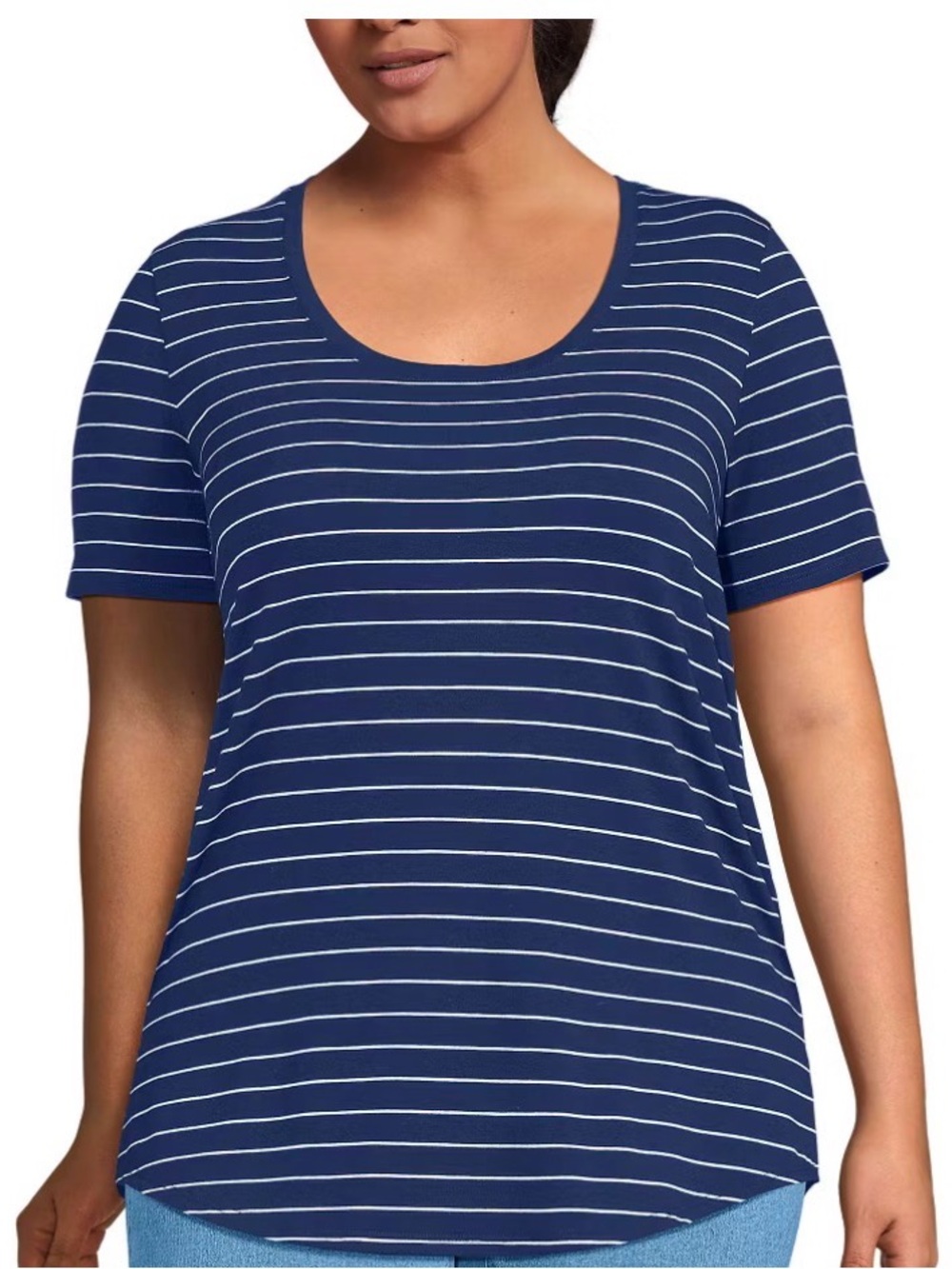 Lands' End Women’s Plus Size 1X Navy and White Striped Scoop Neck Tee